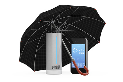 Modern Digital Wireless Home Weather Station with Mobile Phone with Weather on Screen covered by Umbrella on a white background. 3d Rendering.